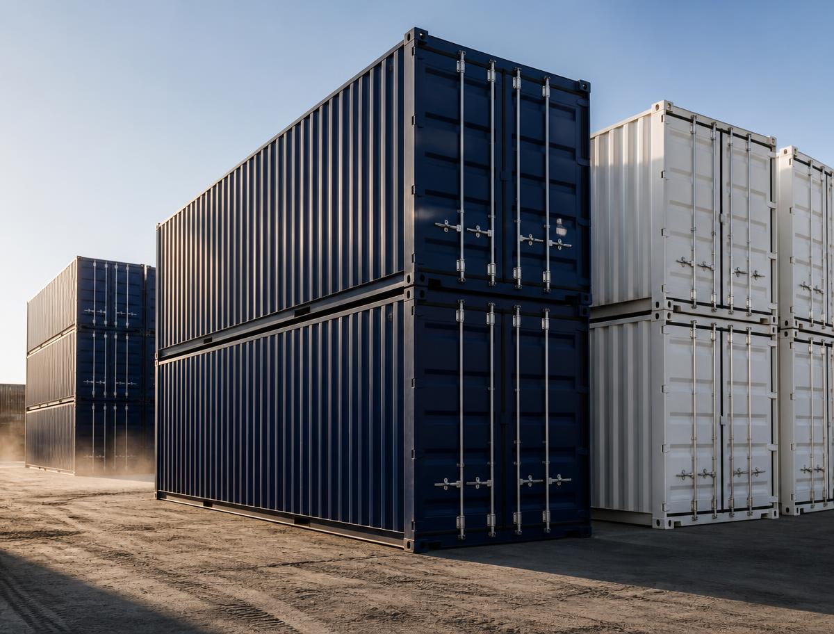 Navy and white shipping containers at the TexCan yard in Waxahachie